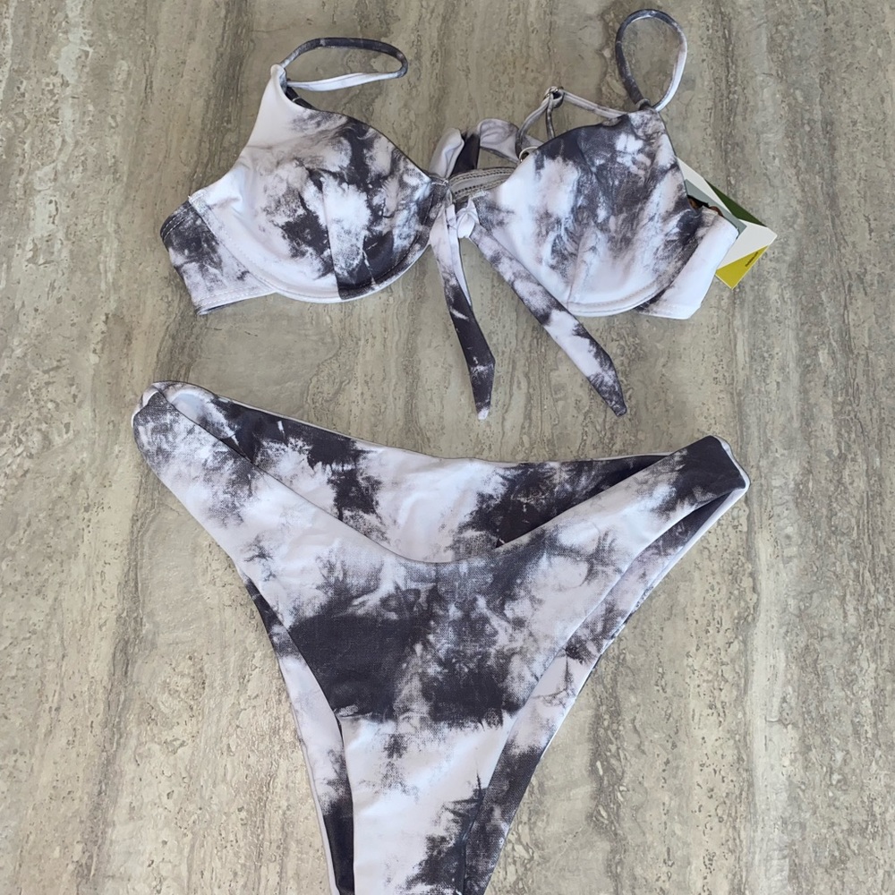 Grey Tie-Front Tie-Dye Bikini